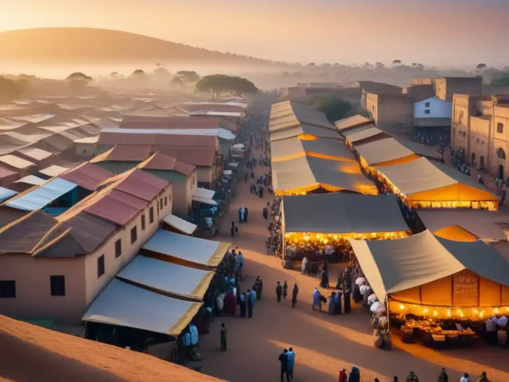 Colaboración exitosa en el mercado inmobiliario de África Subsahariana Vibrante ciudad africana al atardecer, fusionando modernidad y tradición con inversores y emprendedores locales en armoniosa colaboración