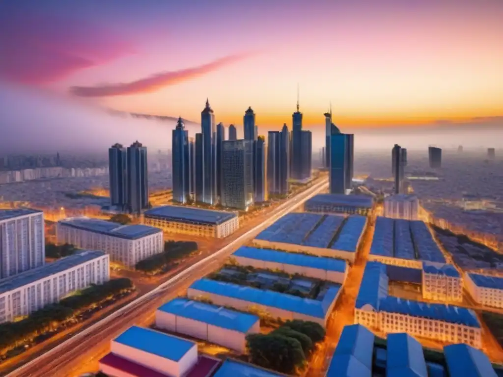 Cityscape vibrante en África Subsahariana: crecimiento urbano en 8k Vibrante ciudad africana en crecimiento con rascacielos, calles concurridas y un cielo al atardecer