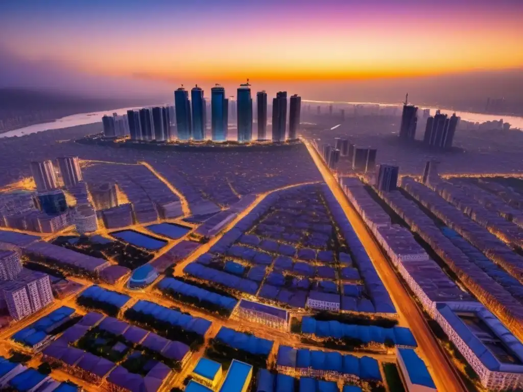 Vibrante ciudad africana: modernidad y potencial de inversión Vibrante ciudad africana en crecimiento con modernos rascacielos, calles bulliciosas y un atardecer dorado