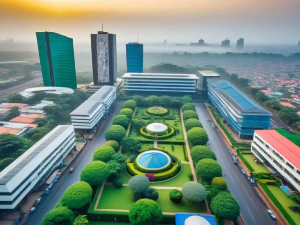 Metrópolis africana: modernidad y tradición en crecimiento Vibrante ciudad africana con mezcla de arquitectura moderna y tradicional, rodeada de vegetación exuberante