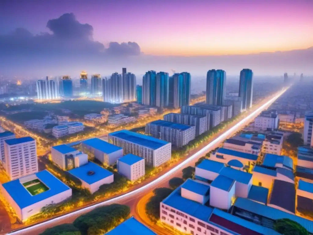 Metrópolis futurista en África: luces, drones y real estate Vibrante ciudad africana con rascacielos tecnológicos, mercados callejeros y parques verdes