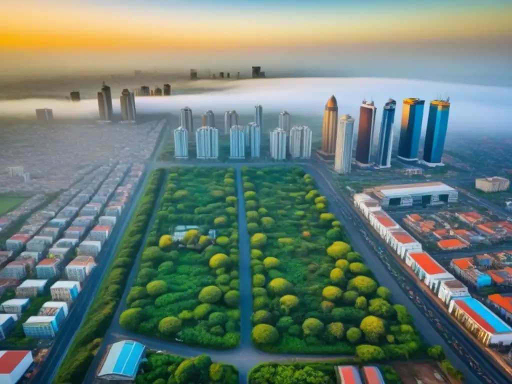Vibrante ciudad africana: rascacielos modernos, edificios tradicionales y exuberante vegetación