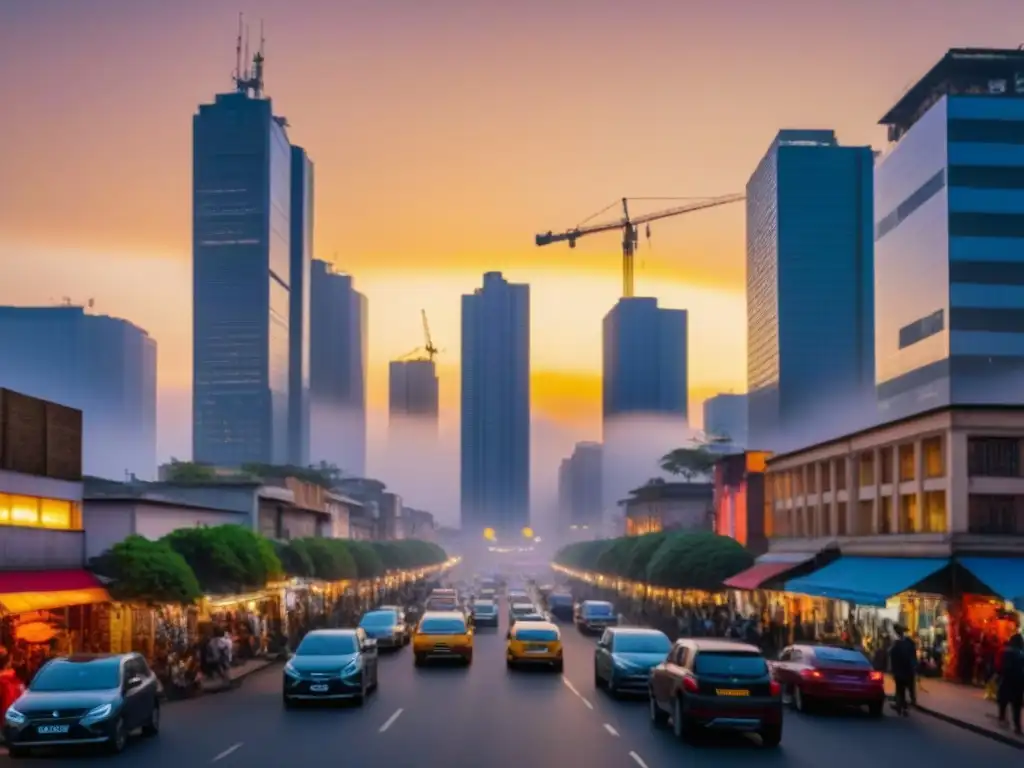 Amanecer urbano: cielo africano, rascacielos modernos y diversidad cultural Una vibrante ciudad africana con rascacielos modernos al atardecer, reflejando Inversiones Inmobiliarias en África