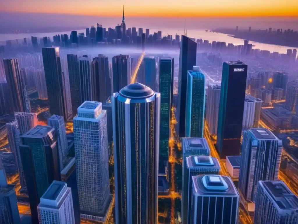 Metrópolis futurista: Alborada en el mercado global de tiempos compartidos Vibrante ciudad al amanecer, reflejada en moderno edificio de vidrio
