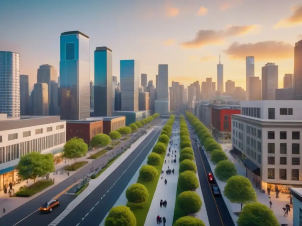 Metrópolis vibrante en Norteamérica: realismo en 8k Vibrante ciudad en Norteamérica con arquitectura futurista y diversidad, reflejando oportunidades en inversiones inmobiliarias