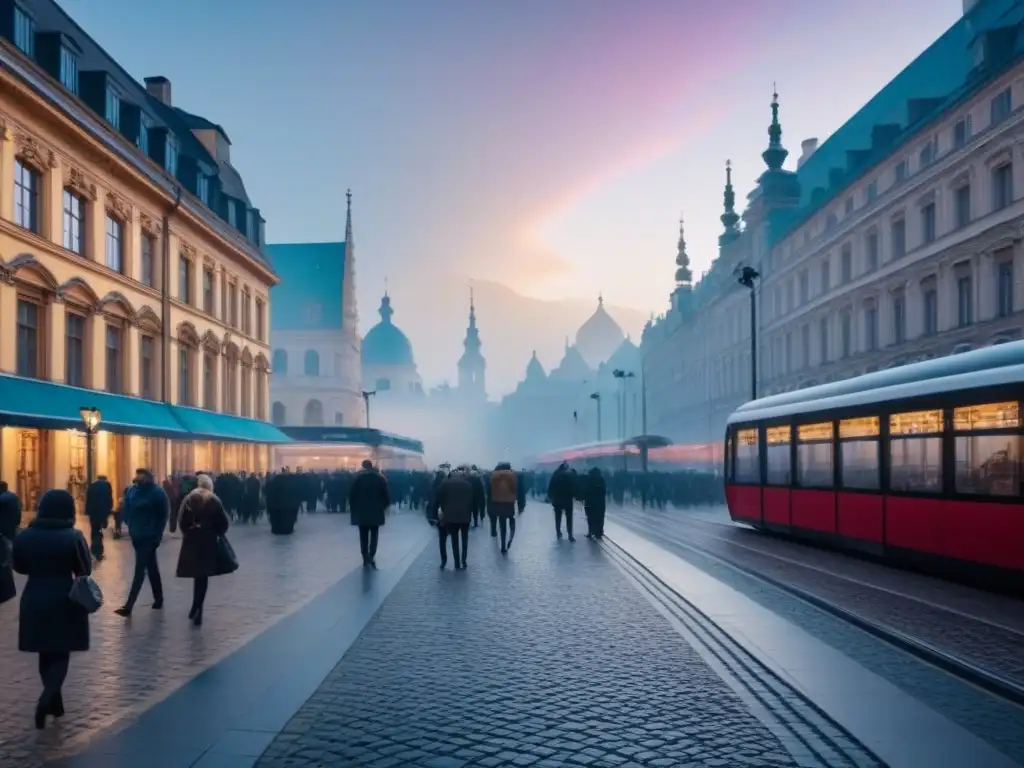 Futurismo urbano en Europa del Este: 8k detallado Vibrante ciudad en Europa del Este con arquitectura futurista y gente diversa, reflejando las tendencias urbanísticas de la región