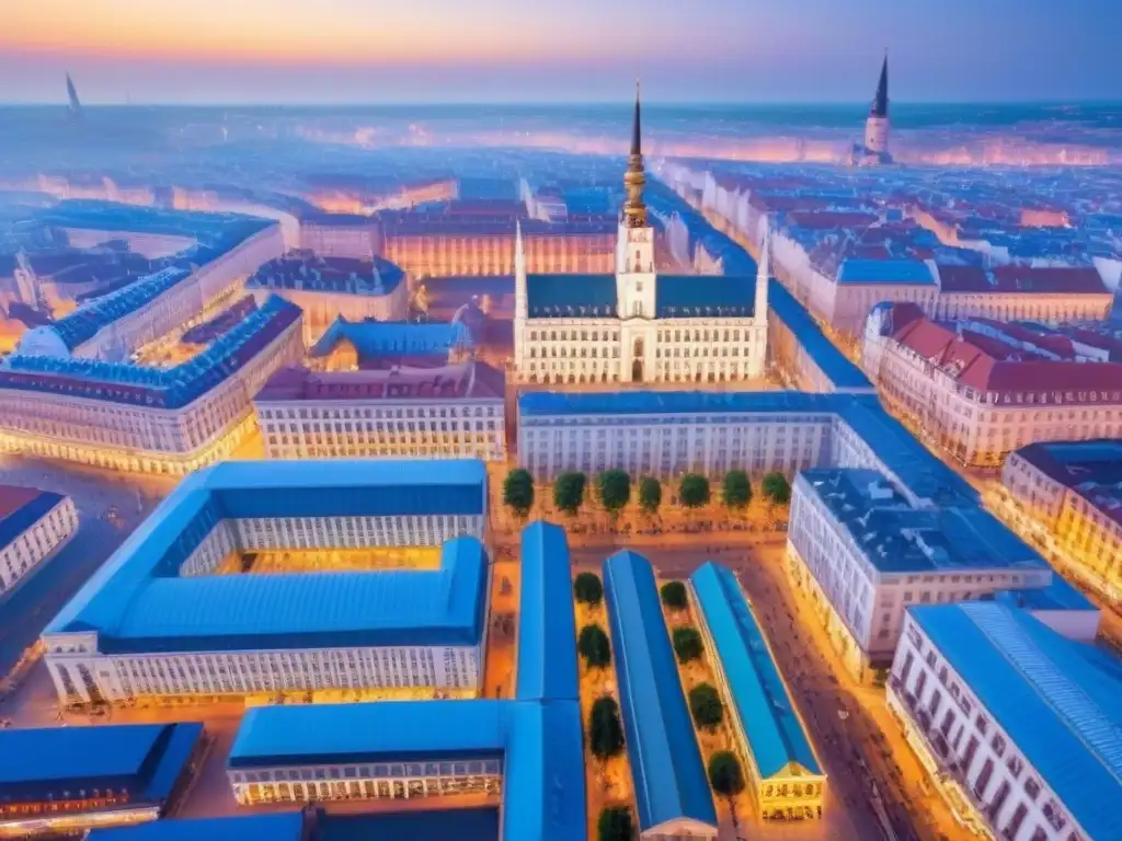 Cityscape vibrante: mercado y rascacielos en Europa del Este Vibrante ciudad del Este de Europa con arquitectura histórica y rascacielos modernos bajo un cielo azul claro