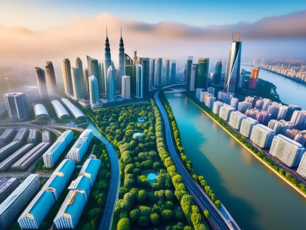 Vibrante metrópolis: arquitectura moderna y tradicional Vibrante ciudad con arquitectura moderna y tradicional, rodeada de naturaleza y ríos, reflejando un mercado global inmobiliario