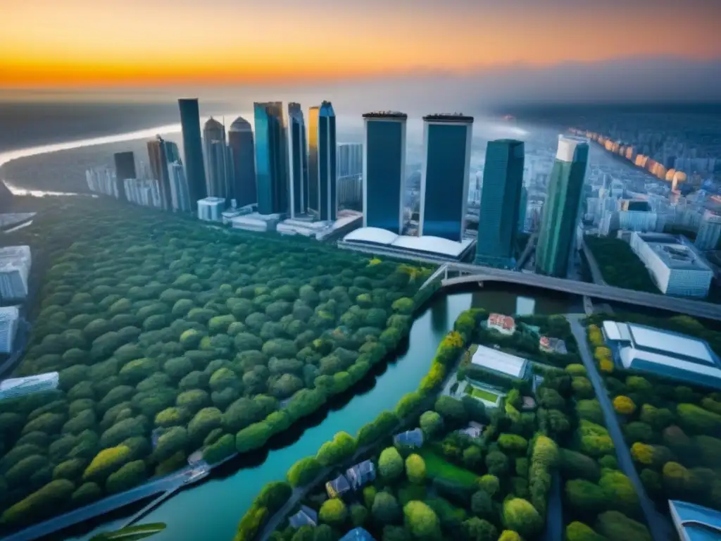 Horizonte urbano: fusión de modernidad y tradición al atardecer Una vibrante ciudad con arquitectura moderna e histórica, rodeada de naturaleza y río, reflejando luces urbanas al atardecer