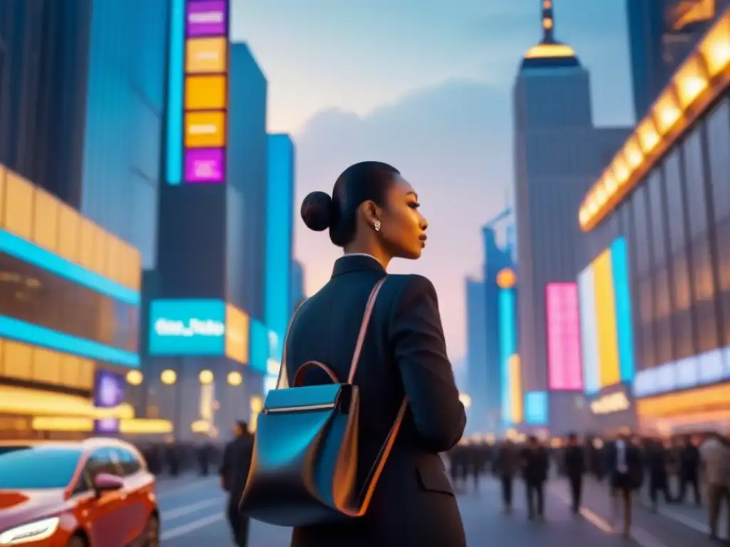 Vibrante ciudad al atardecer: luces neón y bullicio urbano Vibrante ciudad al anochecer con arquitectura moderna, luces de neón y gente apurada