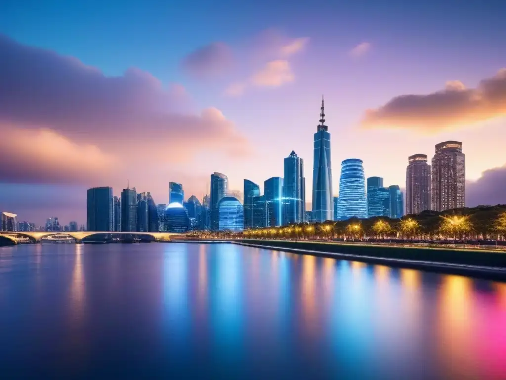 Luces urbanas: skyline moderno en atardecer próspero Vibrante ciudad al anochecer con arquitectura moderna y luces brillantes reflejadas en un río sereno