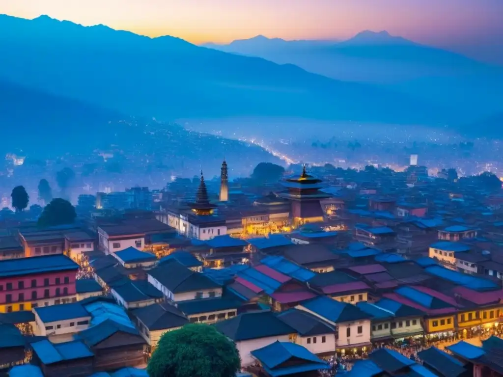 Cityscape de Kathmandú: fusión de tradición y modernidad La vibrante ciudad de Katmandú, Nepal, con arquitectura tradicional y moderna, calles animadas y los majestuosos Himalayas de fondo