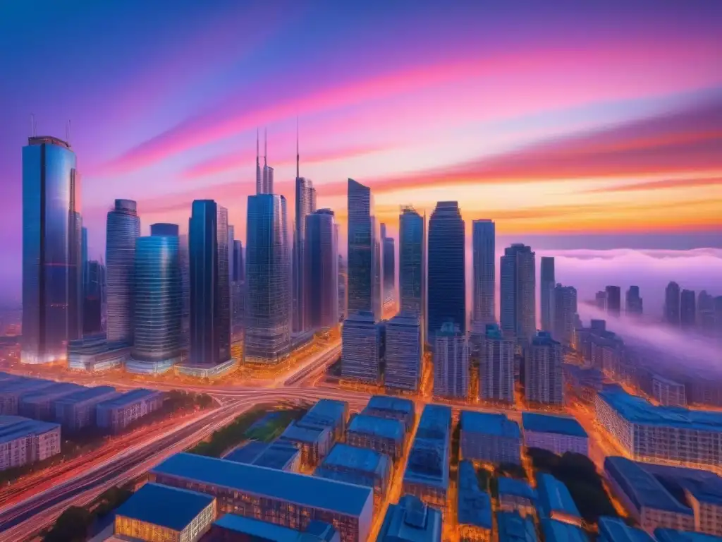 Horizonte moderno: transformación urbana al atardecer Vibrante ciudad al anochecer, fusionando arquitectura tradicional con tecnología futurista
