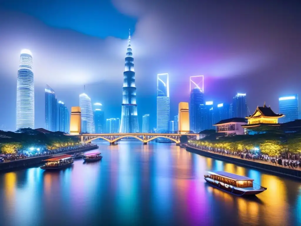 Inversión luminosa: horizonte asiático vibrante de noche Vibrante ciudad asiática de noche, con rascacielos iluminados y un puente futurista, ideal para hipotecas para extranjeros en Asia