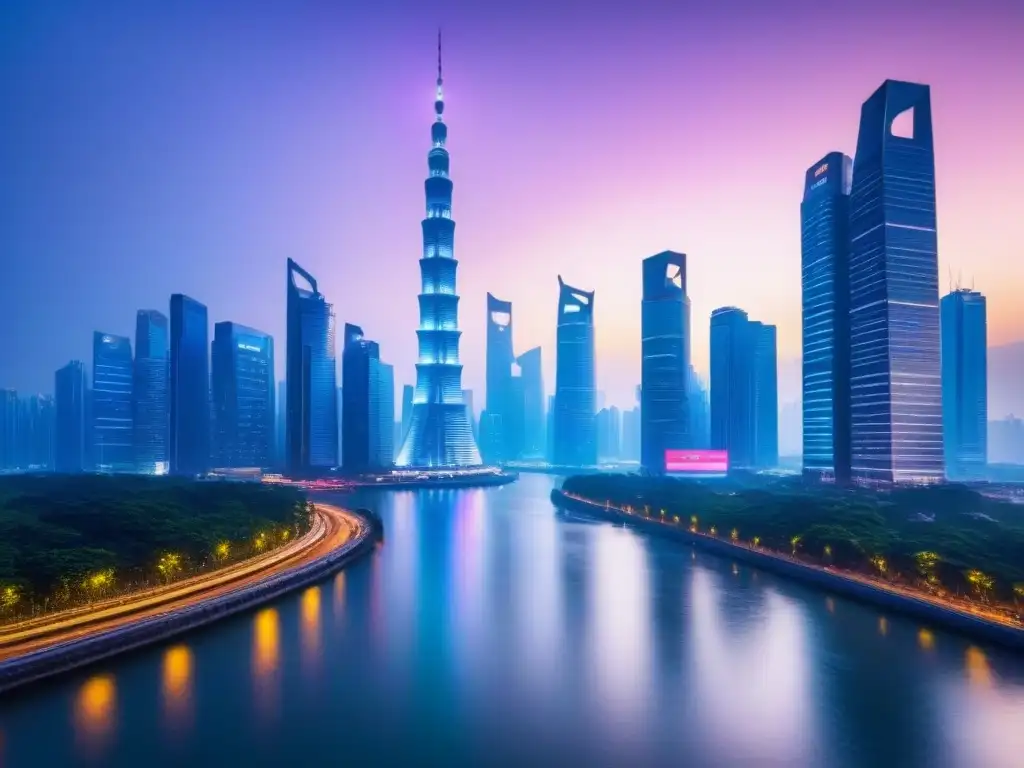 Horizonte asiático ultradetallado: metrópolis dinámica y moderna Vibrante ciudad asiática al anochecer, con rascacielos iluminados reflejados en un río tranquilo