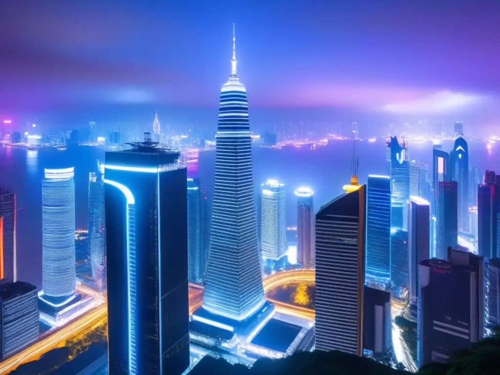 Metrópolis asiática: luces neón y negocios Vibrante ciudad asiática con rascacielos iluminados por luces de neón, reflejando la dinámica de las inversiones comerciales mercado inmobiliario Asia