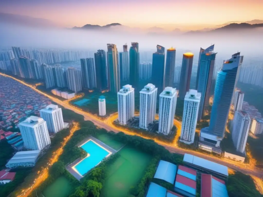 Metrópolis moderna en el Sudeste Asiático: vibrante y en crecimiento Vibrante ciudad asiática: rascacielos, calles llenas de vida y verde exuberante