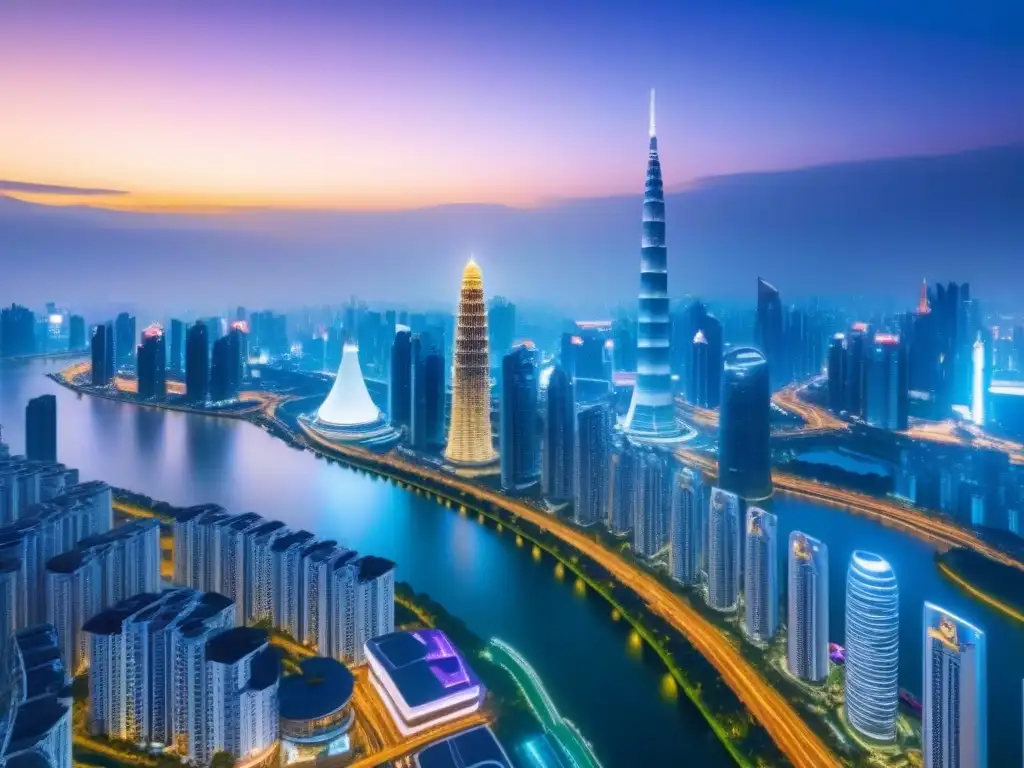 Horizonte futurista de lujo en ciudad asiática Vibrante ciudad asiática con rascacielos de lujo, luces y ríos, reflejando la inversión inmobiliaria de lujo en Asia