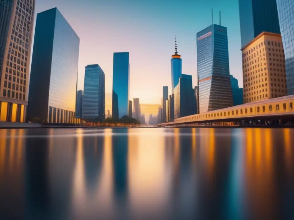 Cityscape al atardecer: reflejos dorados, diversidad y dinamismo Vibrante ciudad al atardecer, mezcla de arquitectura tradicional y moderna