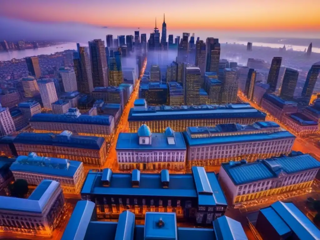 Metrópolis vibrante: mezcla de modernidad y tradición al atardecer Vibrante ciudad al atardecer con arquitectura moderna y tradicional