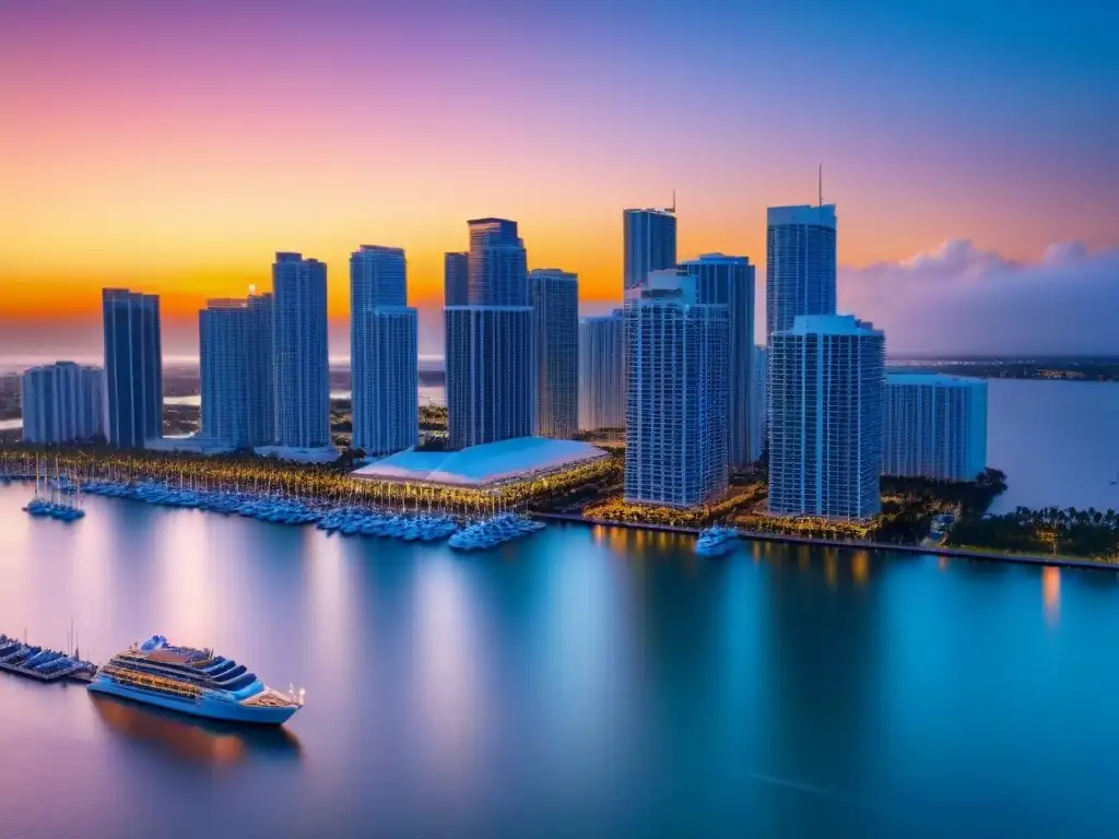 Espléndido atardecer en Miami: skyline vibrante en 8k Vibrante ciudad de Miami al atardecer, reflejando el crecimiento de ciudades norteamericanas migrantes internos