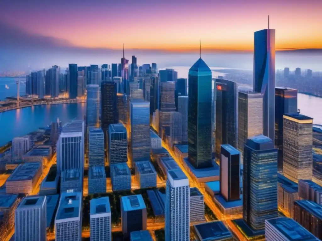 Horizonte urbano dorado: crecimiento económico y prosperidad inmobiliaria Vibrante ciudad al atardecer, reflejando el crecimiento económico y el efecto de políticas estímulo en el mercado inmobiliario