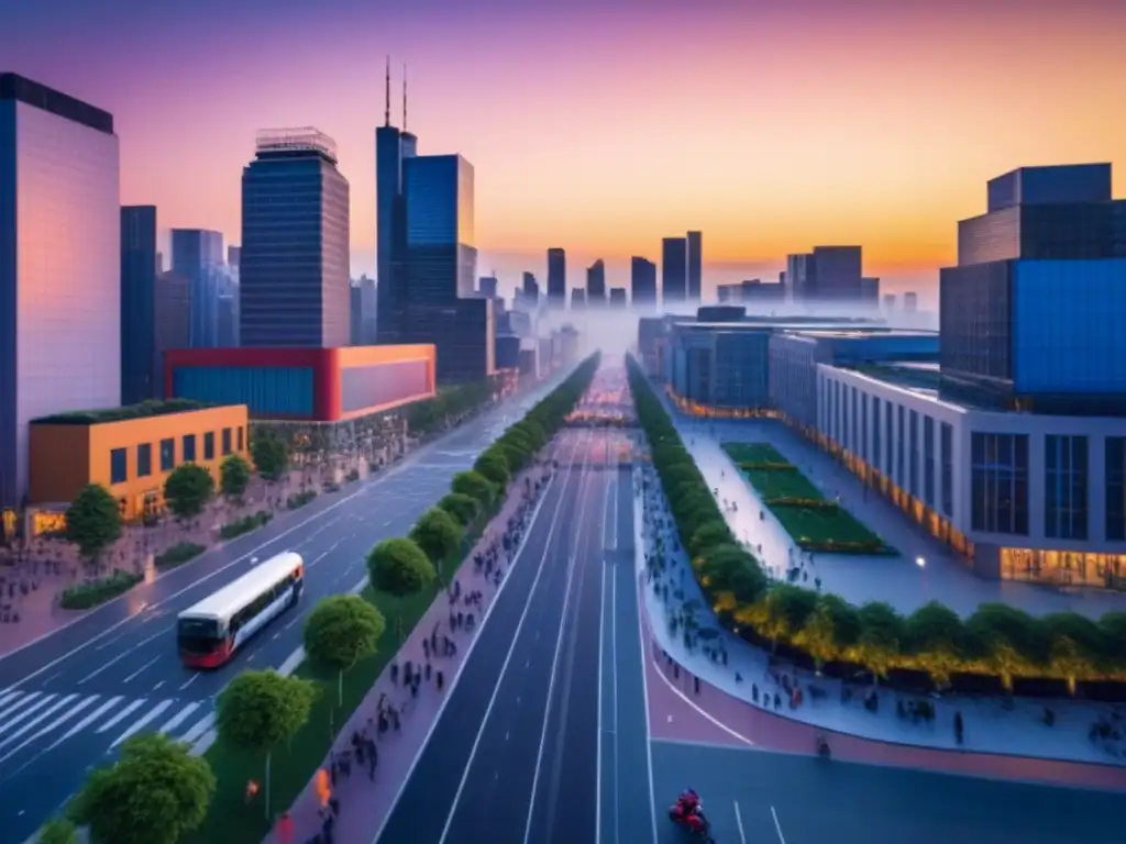 Cityscape sostenible: armonía entre urbanismo y naturaleza Vibrante ciudad al atardecer con desarrollo sostenible políticas urbanas en armonía con el ambiente