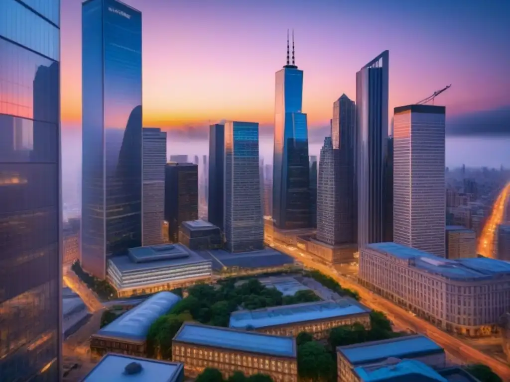 Vibrante ciudad moderna al atardecer: innovación y colaboración en la urbe Vibrante ciudad al atardecer, millennials innovando en el distrito financiero