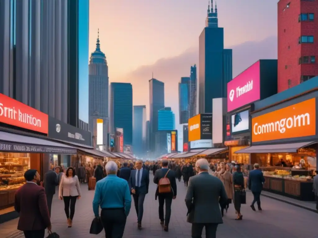 Metrópolis vibrante: ciudad moderna al atardecer con diversidad demográfica Vibrante ciudad al atardecer con diversidad de personas en calles llenas de vida