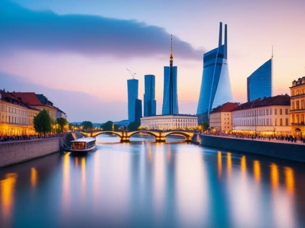 Skyline moderno de Europa del Este al atardecer: fusión cultural y crecimiento económico Vibrante ciudad al atardecer en Europa del Este, reflejando economías emergentes