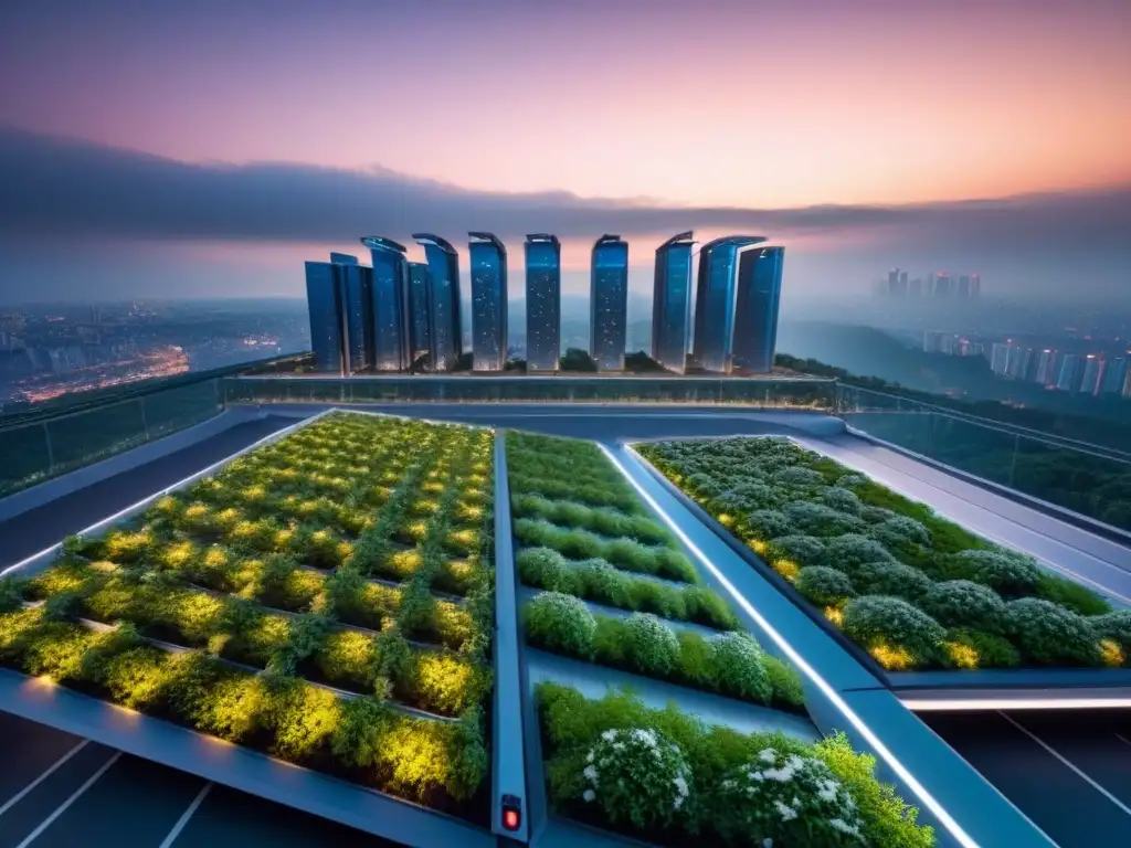 Metrópolis sostenible: edificios verdes y tecnología eco en armonía Vibrante ciudad al atardecer con edificaciones verdes y ciudades inteligentes