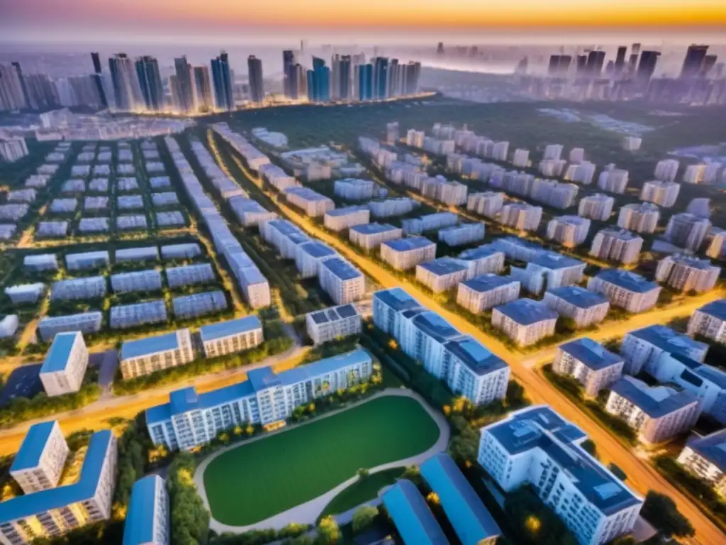 Vista aérea detallada de ciudad moderna al atardecer Vibrante ciudad al atardecer con edificios modernos y parques verdes, reflejando tendencias inversión propiedades multifamiliares