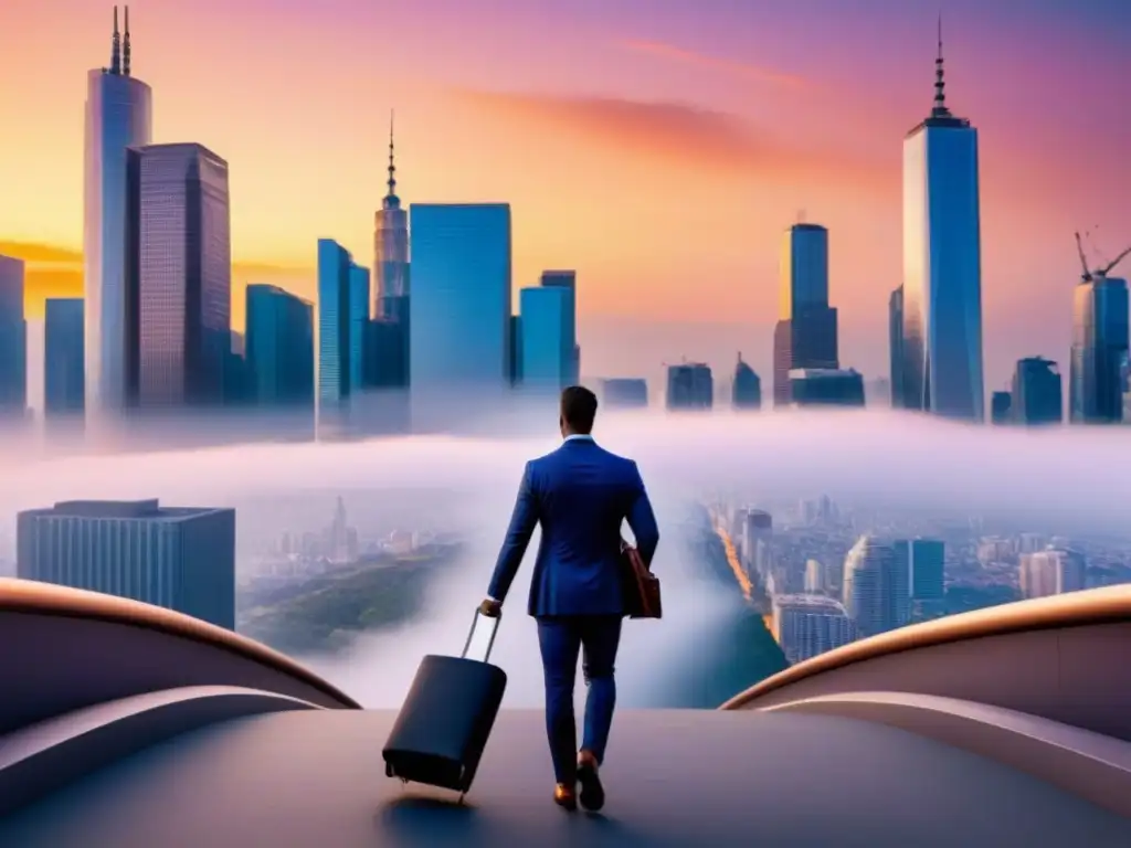 Oportunidades inmobiliarias: ciudad moderna al atardecer Vibrante ciudad al atardecer, reflejando edificios modernos y gente diversa
