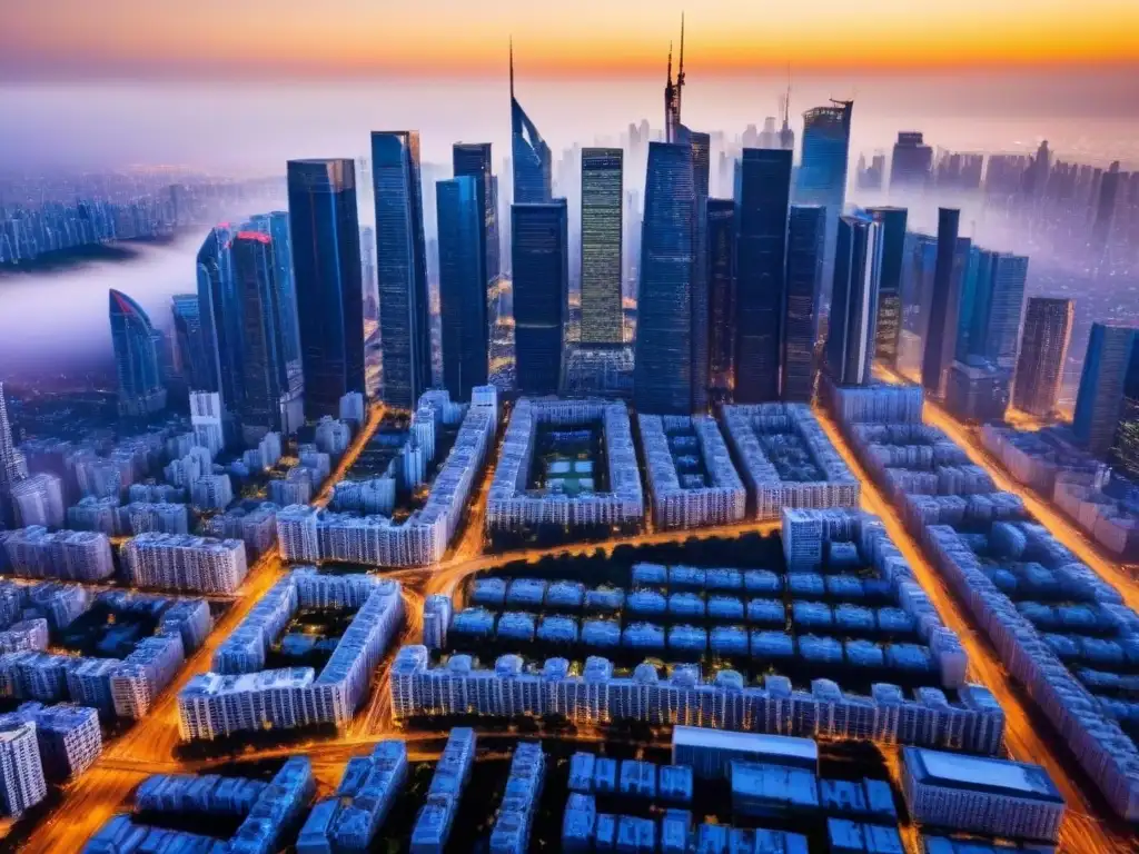 Horizonte urbano al atardecer: fusiones inmobiliarias internacionales Vibrante ciudad al atardecer, reflejando fusión inmobiliaria internacional análisis