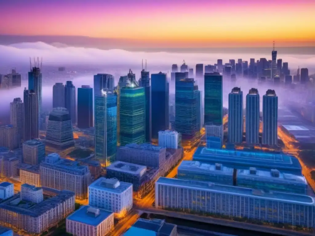 Horizonte urbano al atardecer: rascacielos iluminados y tráfico vibrante Vibrante ciudad al atardecer con impacto migración mercado inmobiliario