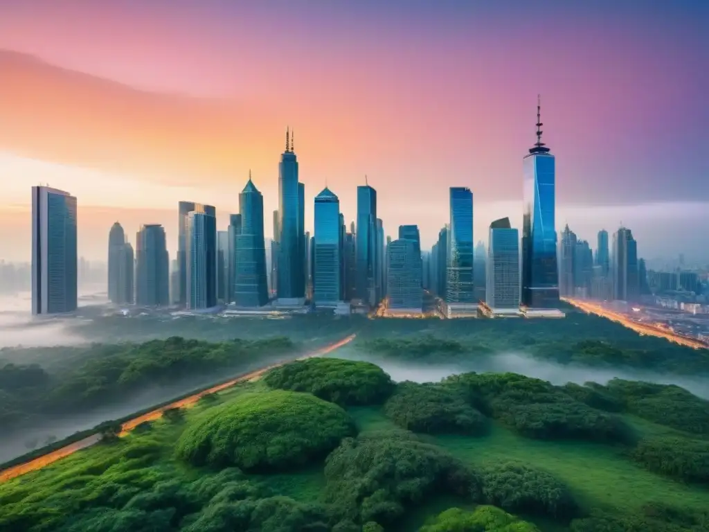 Skyline vibrante al atardecer: impacto político en inversión inmobiliaria Vibrante ciudad al atardecer, representando el impacto de políticas en inversión inmobiliaria internacional