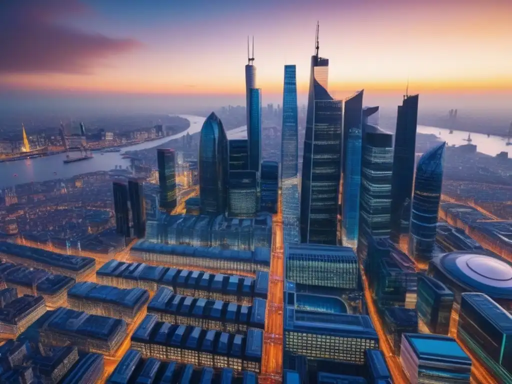 Impresionante panorama urbano al atardecer con impacto de Brexit Vibrante ciudad al atardecer con impacto de Brexit en inversión inmobiliaria internacional