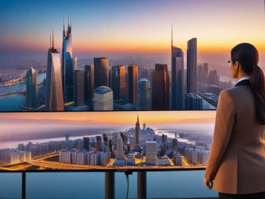 Inversiones inmobiliarias estratégicas en ciudades emergentes al atardecer Vibrante ciudad al atardecer, inversión inmobiliaria mercados emergentes, profesionales analizan gráficos en pantallas digitales