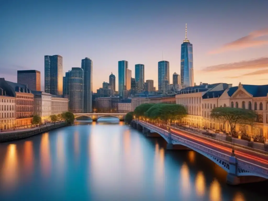 Vista panorámica de ciudad: lujo y tradición bajo luces nocturnas Vibrante ciudad al atardecer con luces brillantes reflejadas en un río, simbolizando la inversión inmobiliaria internacional tasas interés