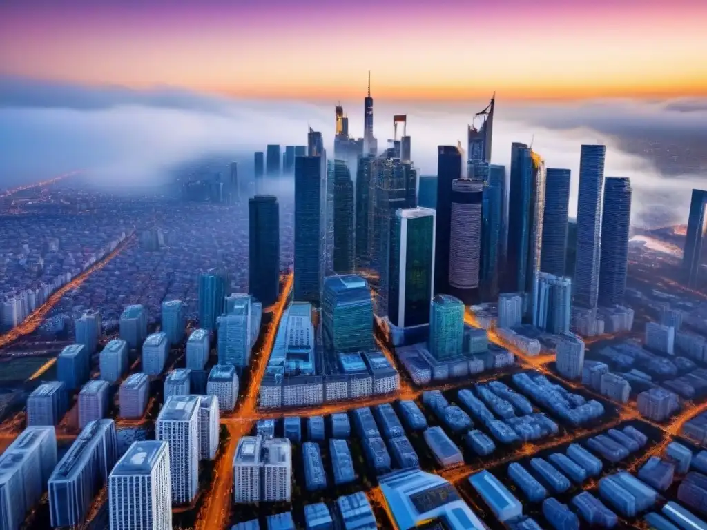 Horizonte urbano dorado: mercado inmobiliario en auge Vibrante ciudad al atardecer reflejando la luz dorada, con rascacielos y calles bulliciosas