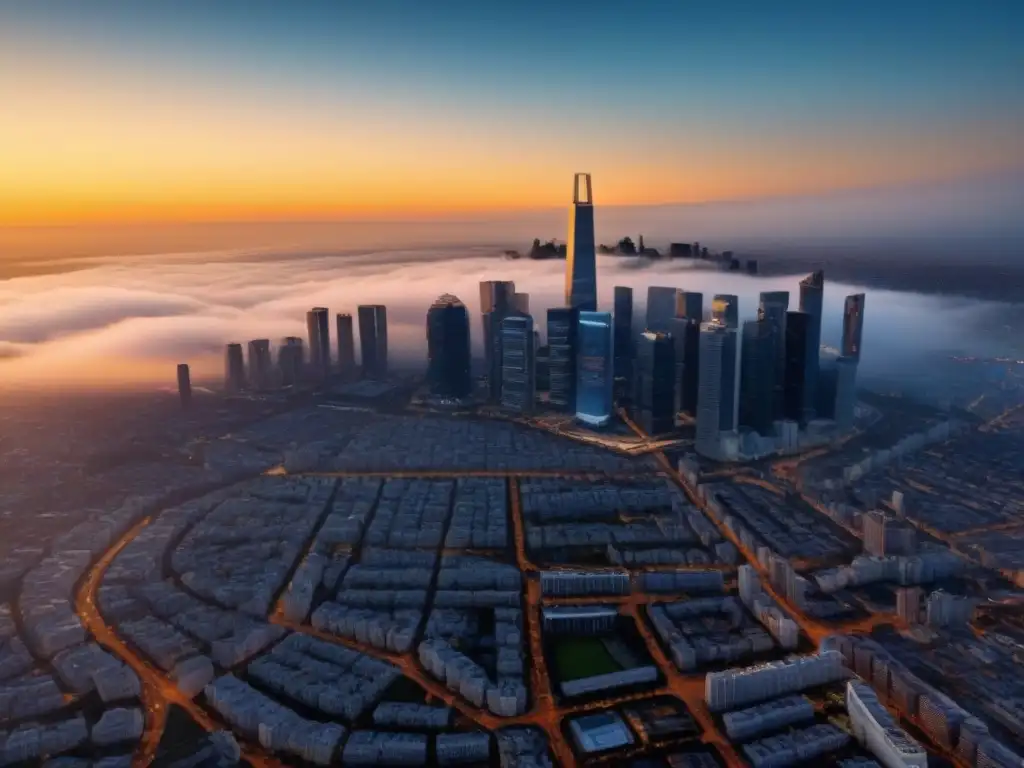 Horizonte urbano al atardecer: modernidad y dinamismo Vibrante ciudad al atardecer, reflejando la luz dorada en rascacielos