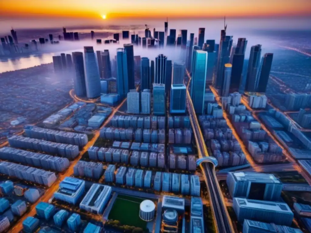 Cityscape vibrante al atardecer: mercado inmobiliario en auge Vibrante ciudad al atardecer, reflejando mercado inmobiliario