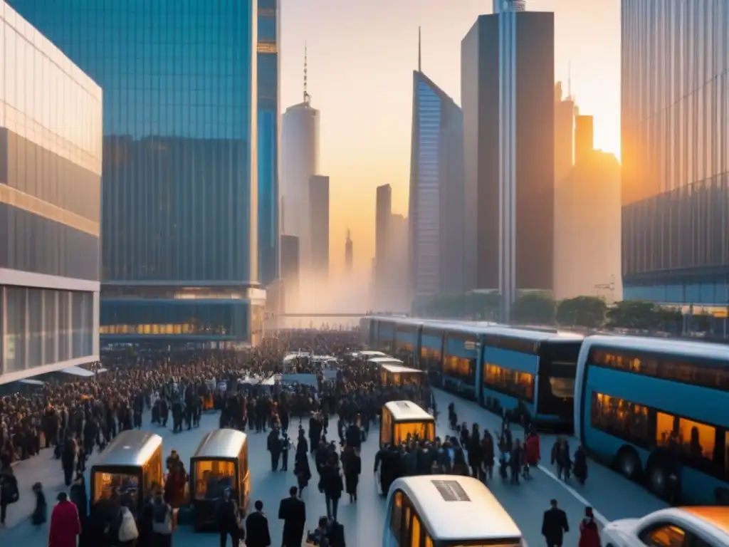 Puesta de sol en la ciudad: migración urbana y progreso Vibrante ciudad al atardecer con migración interna y valorización de propiedades