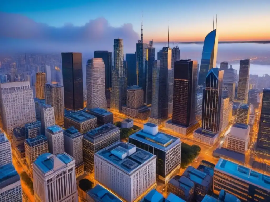 Horizonte urbano al atardecer: fusión de modernidad y historia en la ciudad Vibrante ciudad al atardecer, modernos rascacielos junto a arquitectura histórica