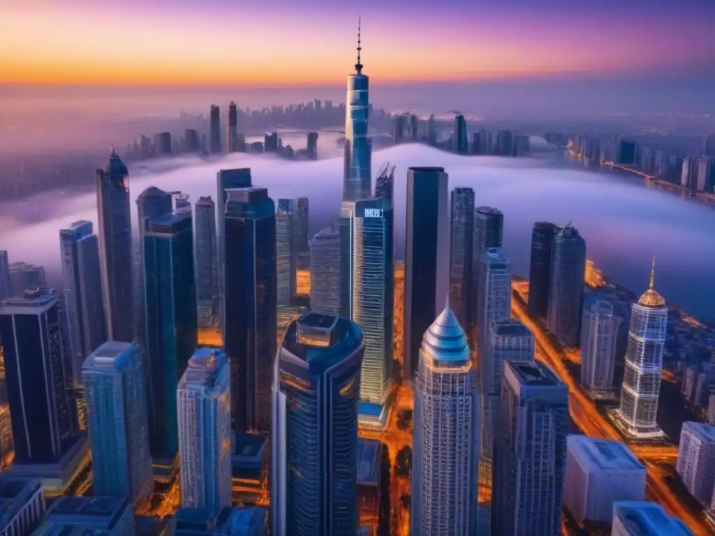 Horizonte urbano al atardecer: mercado inmobiliario internacional en auge Vibrante ciudad al atardecer, con modernos rascacielos y luces brillantes, simbolizando el próspero mercado inmobiliario