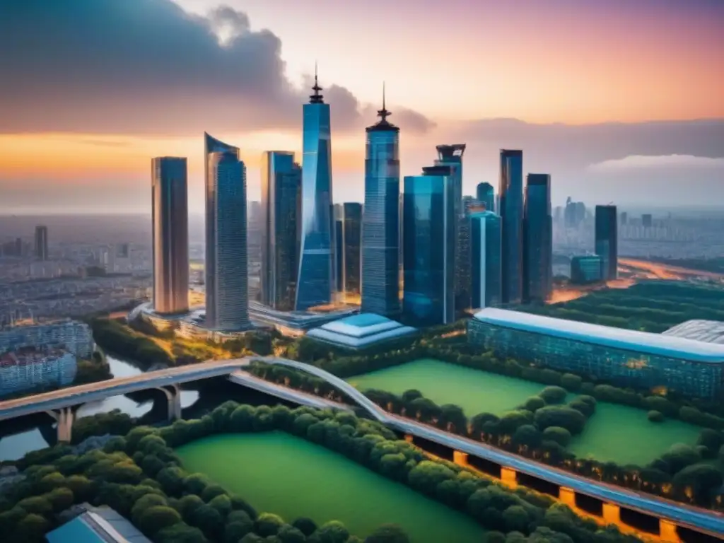 Horizonte urbano al atardecer: modernidad y conexiones en metrópolis vibrante Vibrante ciudad al atardecer con modernos rascacielos y edificios residenciales, iluminados por el sol