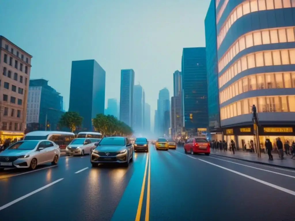 Vibrante atardecer en la ciudad: vida urbana en movimiento Vibrante ciudad al atardecer con modernos rascacielos iluminados y movilidad urbana
