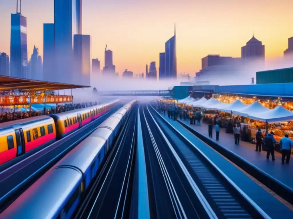Cityscape moderna al atardecer: luces y diversidad urbana Vibrante ciudad al atardecer: modernos rascacielos iluminados por el sol, mercado callejero y trenes de alta velocidad
