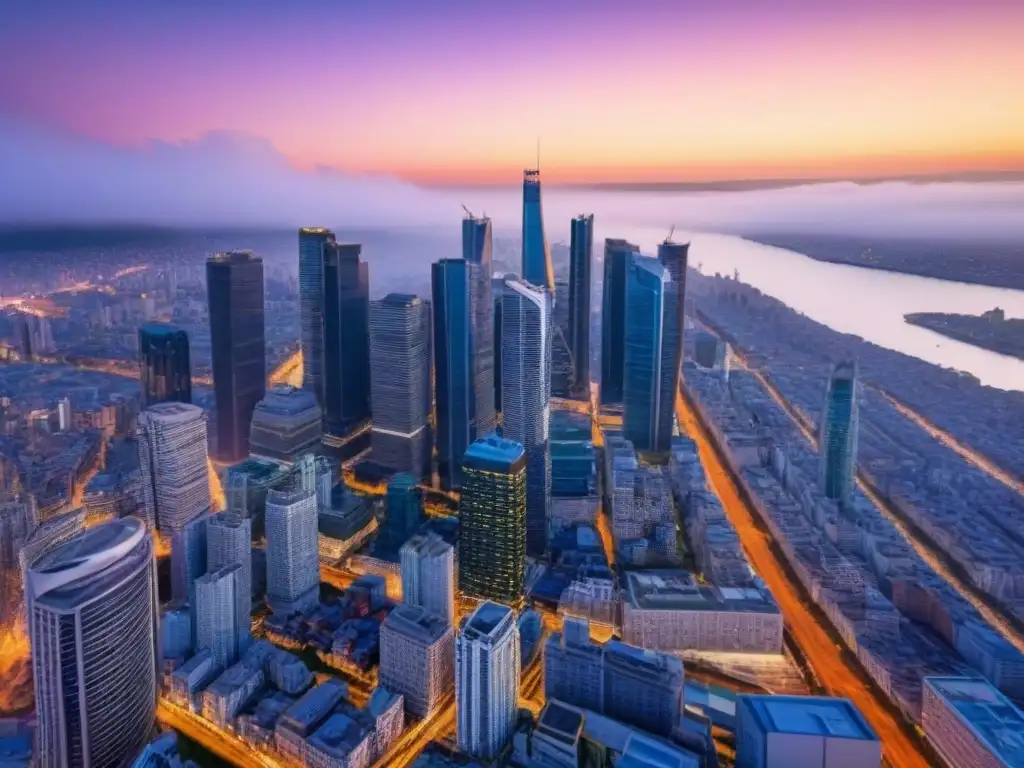 Horizonte urbano al atardecer: modernos rascacielos y luces vibrantes Vibrante ciudad al atardecer con modernos rascacielos iluminados
