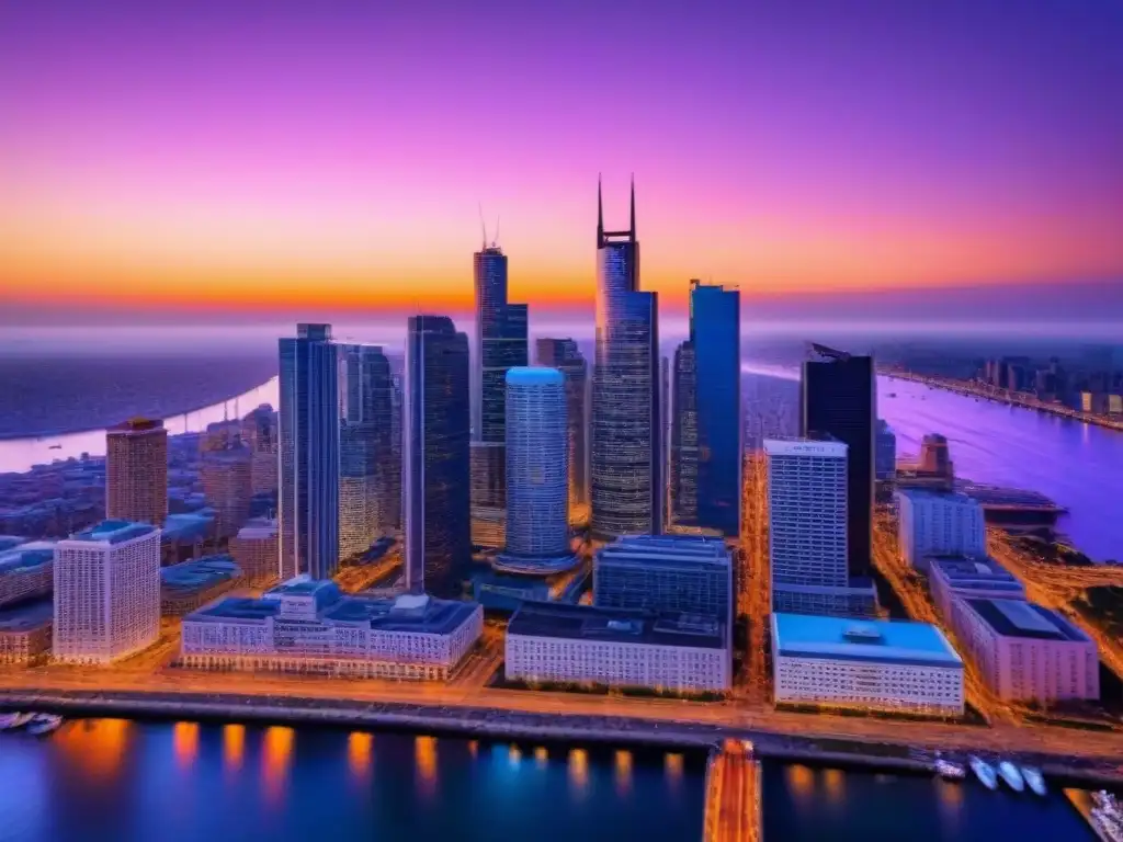 Metrópolis vibrante al atardecer: skyline moderno iluminado por la ciudad Vibrante ciudad al atardecer, con modernos rascacielos iluminados por luces cálidas